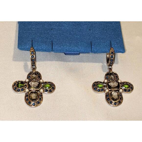 Vintage MONET Colored Rhinestone Cross Dangle Earrings Gold Tone 1.75" Signed - Picture 2 of 8